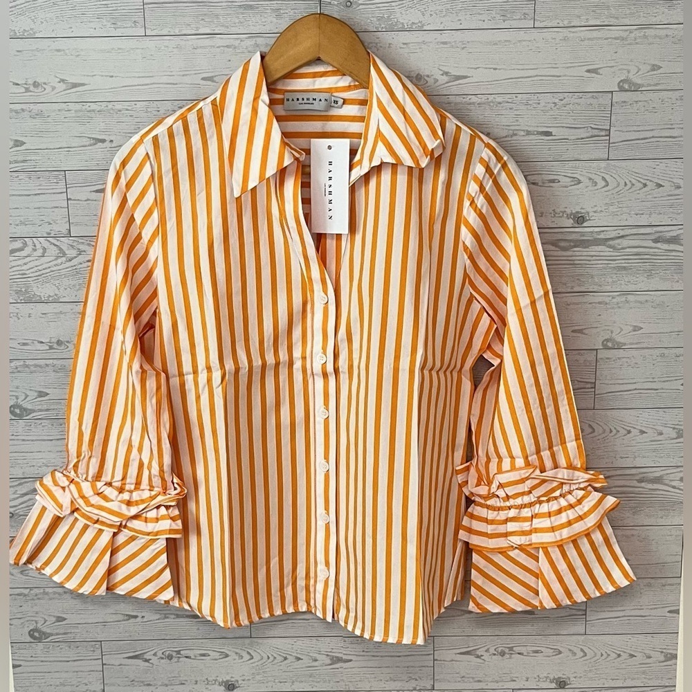 Harshman Selina Cotton Button Front Ruffle-Trim Top Women’s XS Striped Marigold - Picture 5 of 13
